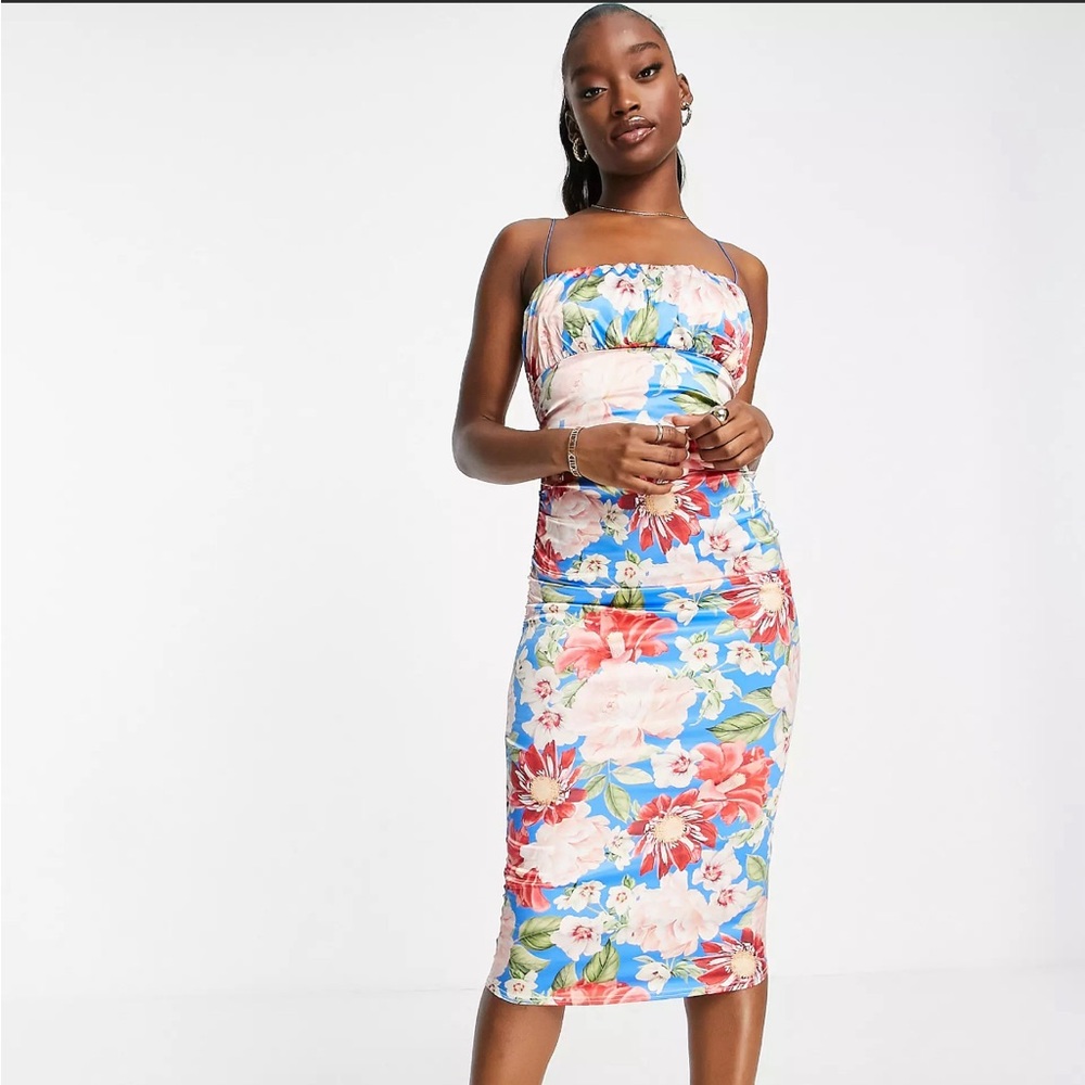 ASOS DESIGN satin cami ruched bust lace up back midi dress in bright blue floral